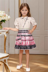 Stylish Beige And Pink Printed Frock With Sling Bag For Girls