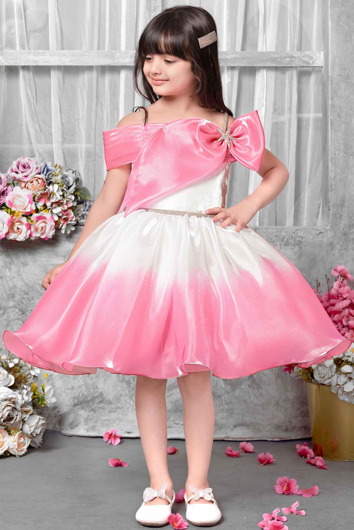 Pink And White Off-Shoulder  Party Frock For Girls