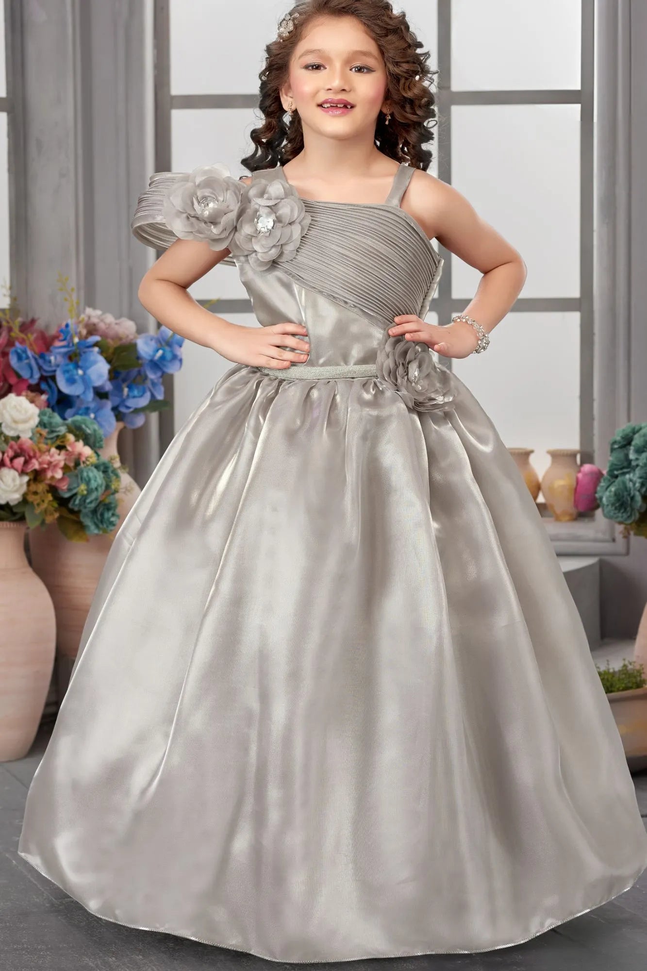 Elegant Grey Pleated & Floral Embellished Gown For Girls