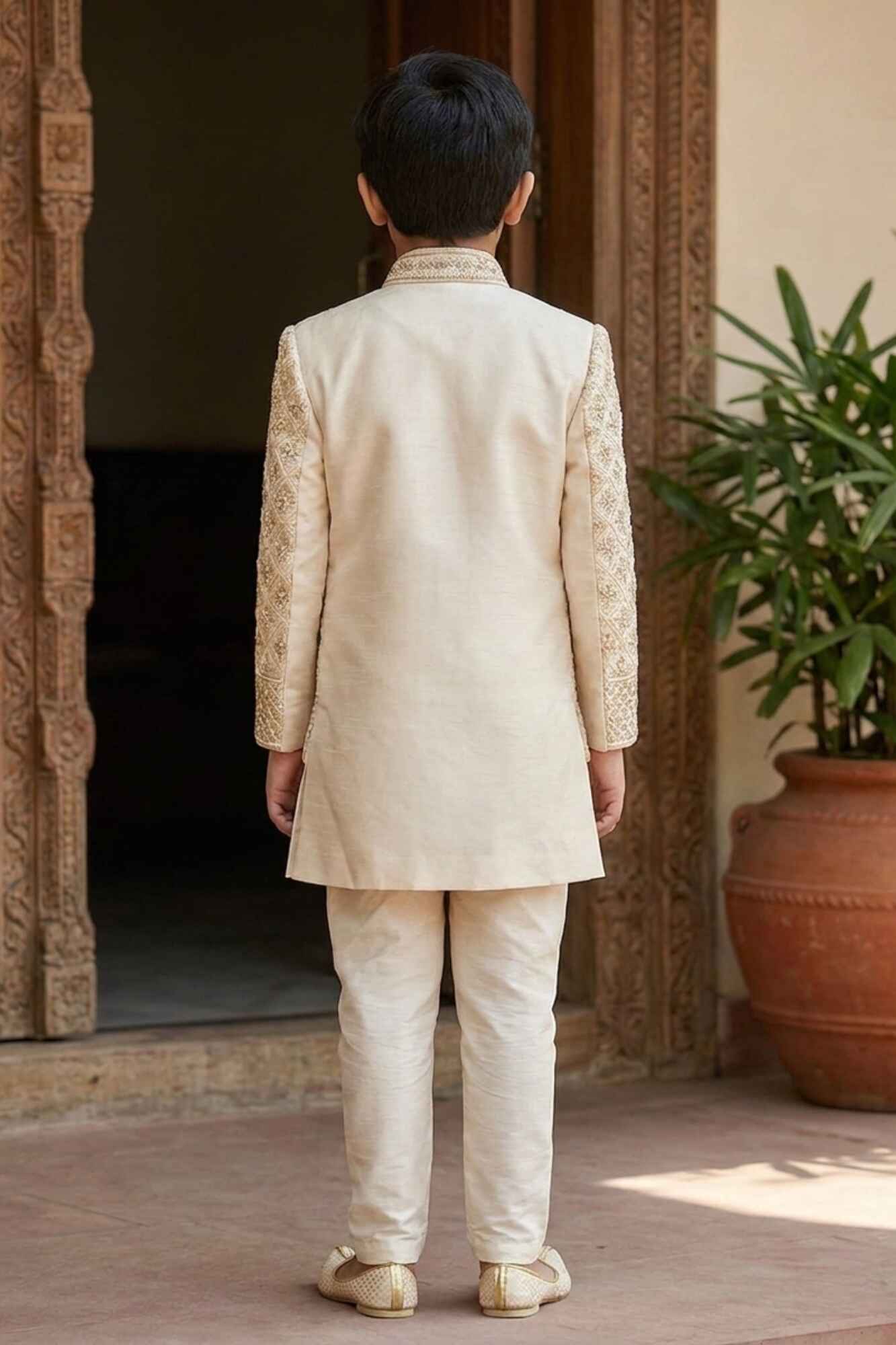 Cream Embroidered Indo Western Sherwani Set For Boys