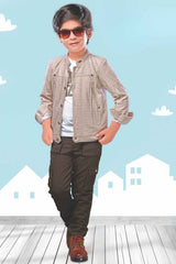 Fawn Overcoat With White T Shirt And Pant Set For Boys