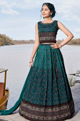 Elegant Rama green Printed Lehenga Choli With Dupatta For Girls