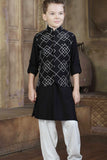 Black Printed Kurta Set with White Pajama For Boys