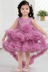 Onion Pink Ruffled Frock With Floral Embellished For Girls