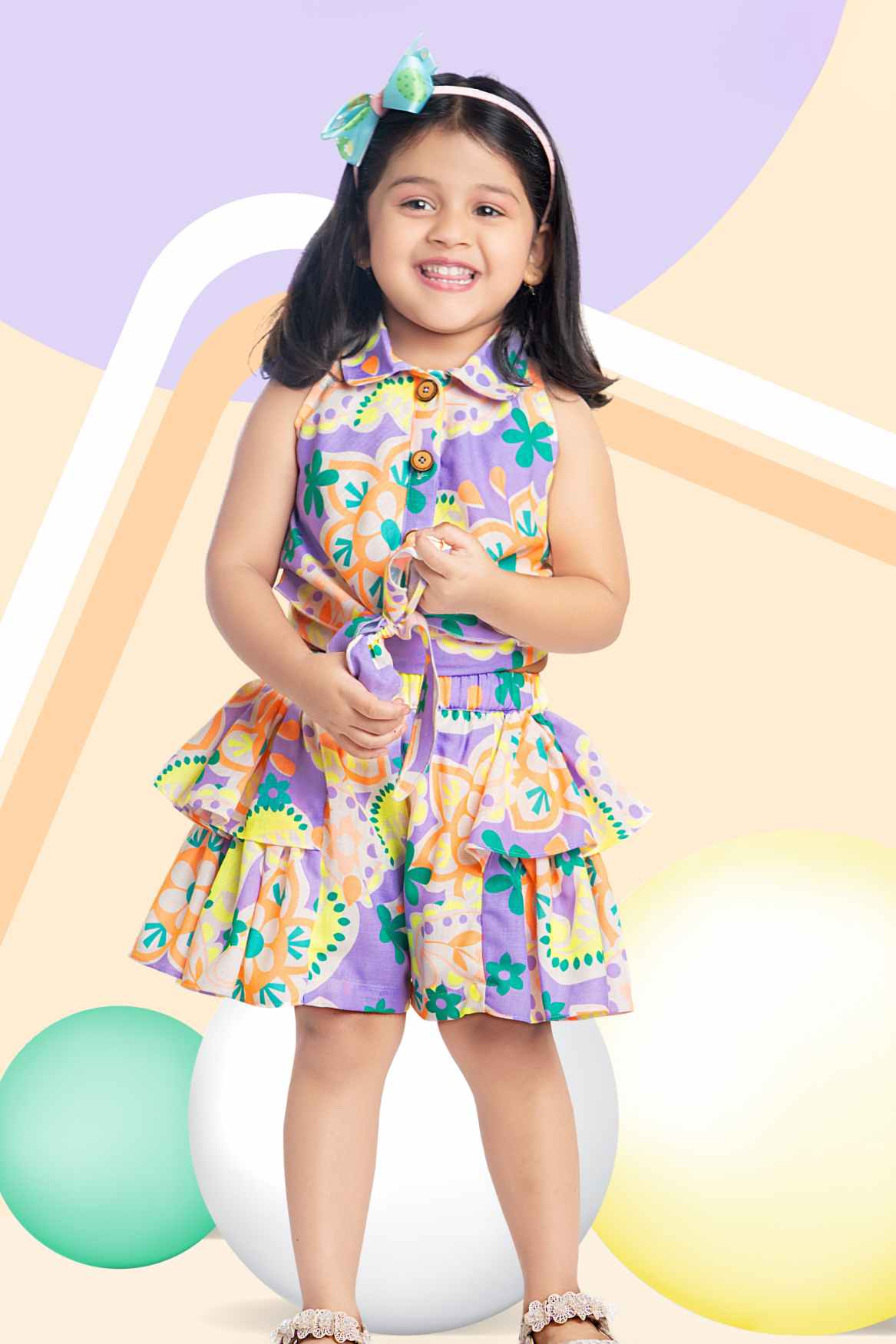 Lavender Floral Printed Top and Skirt Set For Girls
