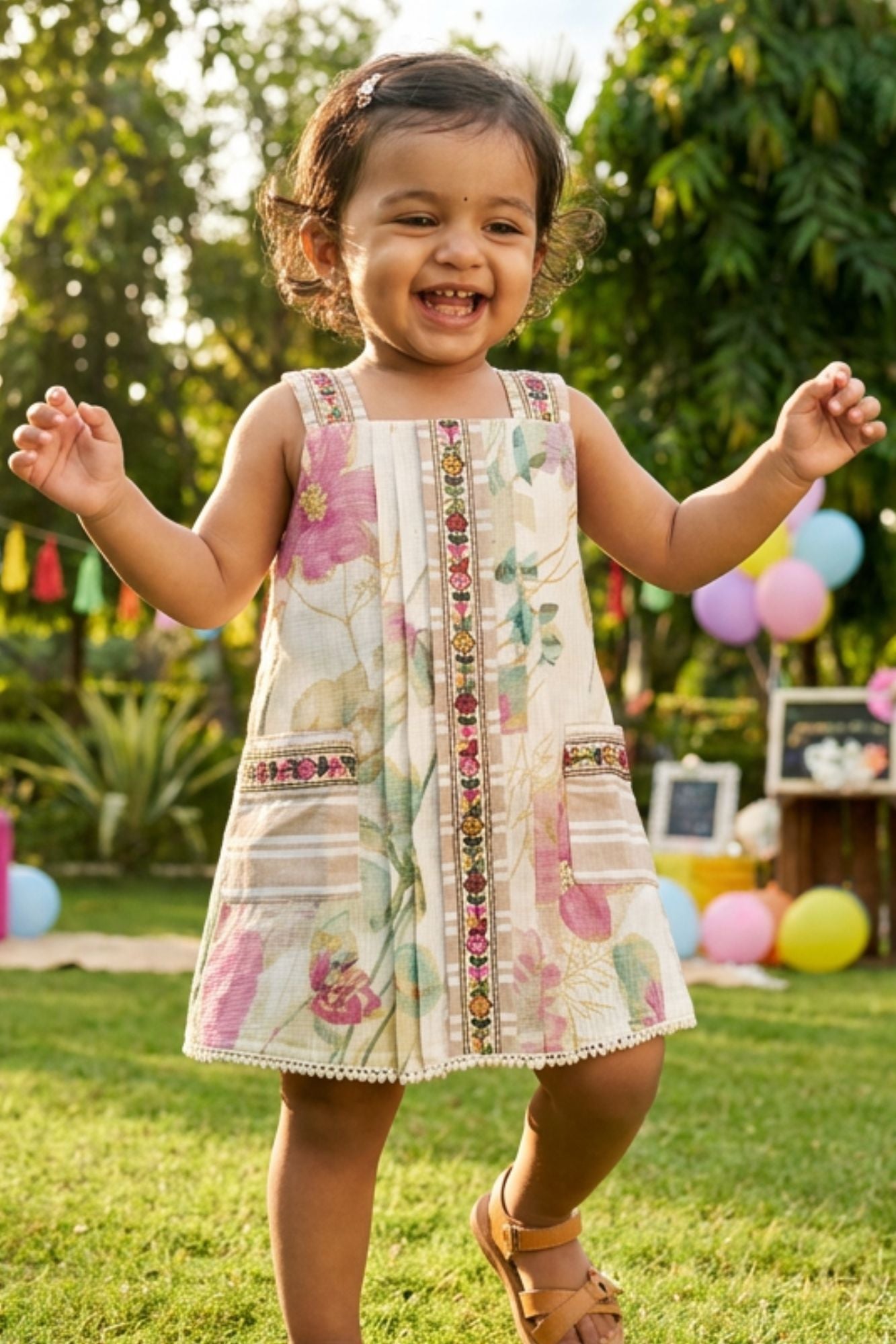 Girls Multicolor Floral Printed  Sleveless Dress with Embroidered Panel