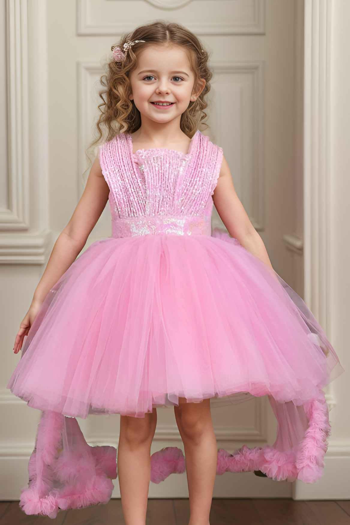 Designer Pink Sequin Partywear Net Tailback Frock For Girls - Lagorii Kids