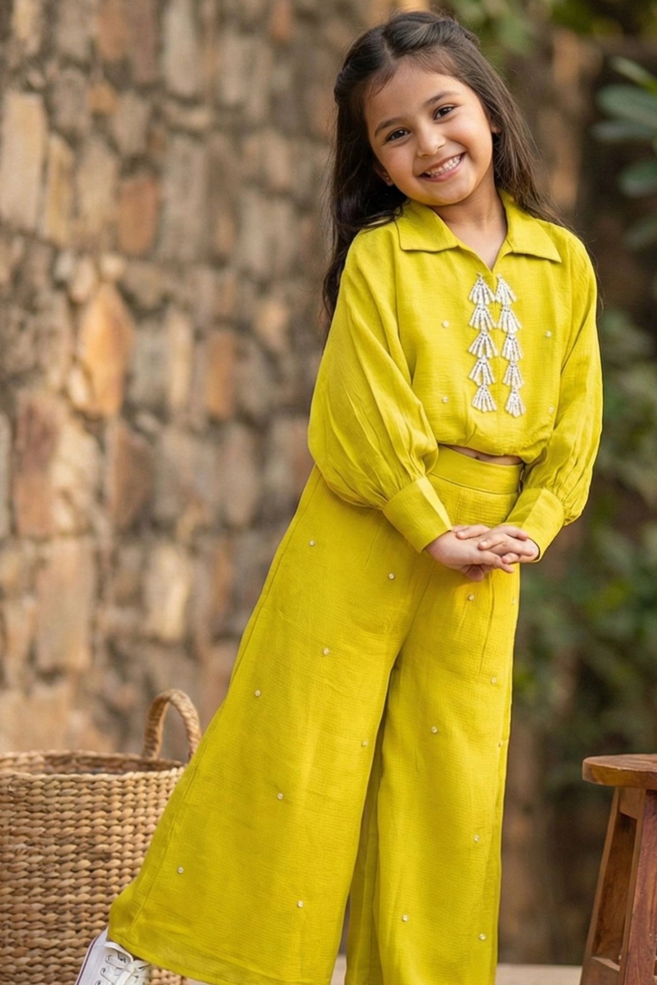 Lime Green Embellished Palazzo Set for Girls