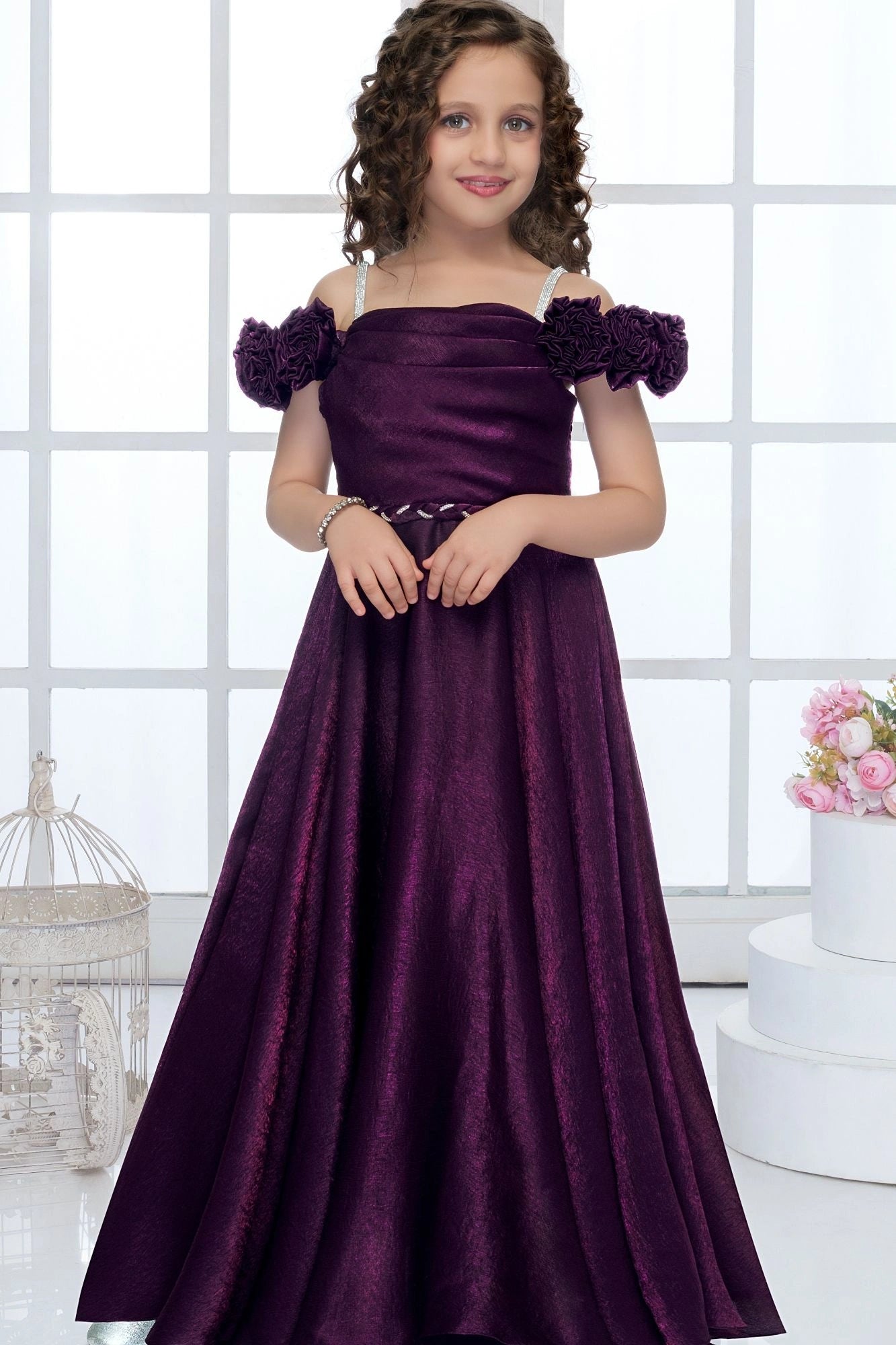 Dark Wine Embellished Off-Shoulder Party Gown For Girls