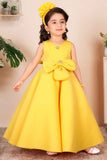 Lemon Yellow Sleeveless And Floral Embellishment Gown For Girls