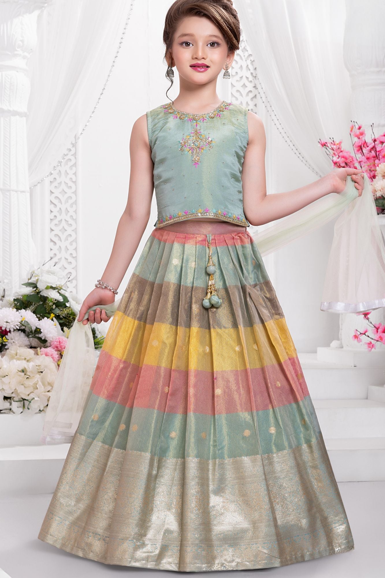 Mint Green Color Block Lehenga Choli with Dupatta for Girls