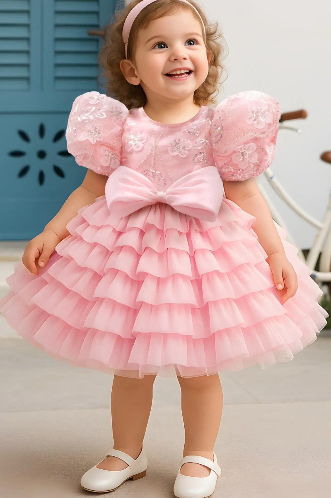 Pink Floral Embellished Party Frock With Puff Sleeves And Ruffle Skirt For Girls