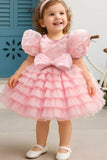 Pink Floral Embellished Party Frock With Puff Sleeves And Ruffle Skirt For Girls