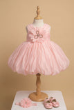 Peach Party Frock with Oversized Floral Appliqué and Pleated Shine Finish For Girls