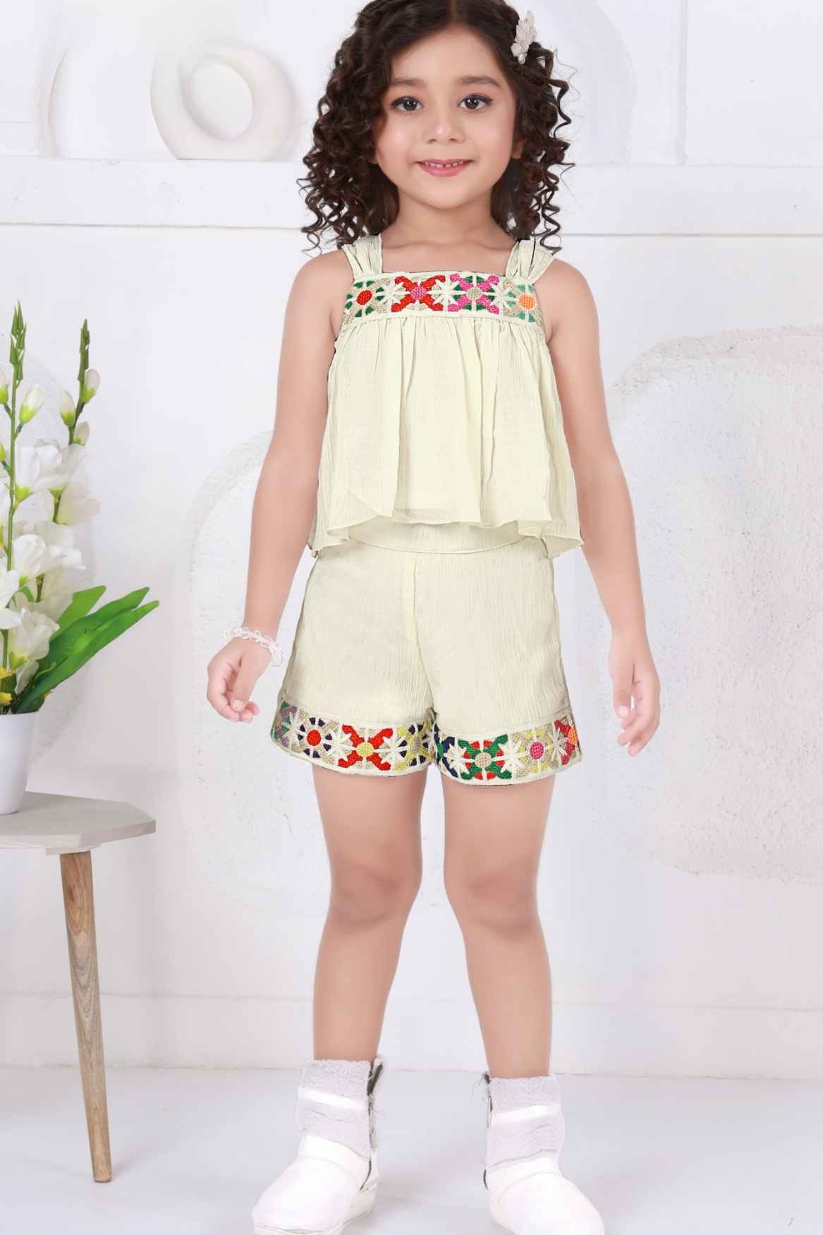Cream Crochet Embellished Top and Shorts Set For Girls