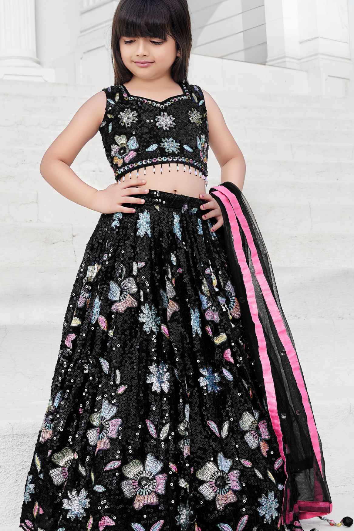 Black Sequins Work And Bead Work Lehenga Choli For Girls