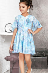 Blue Printed Frock With Bell Sleeves For Girls