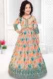 Peach Floral Printed Gown With Sequin Embroidery Work For Girls