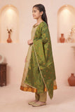 Girls Gold Silk Kurta Set with Zari Border And Green Dupatta
