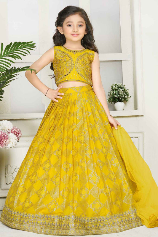 Yellow Sleeveless And Printed With Mirror Worked Lehenga Choli Set For Girls