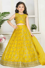 Yellow Sleeveless And Printed With Mirror Worked Lehenga Choli Set For Girls