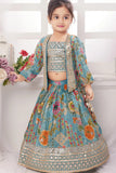 Turquoise Multicolor Printed Lehenga Set with Mirror Work Jacket For Girls