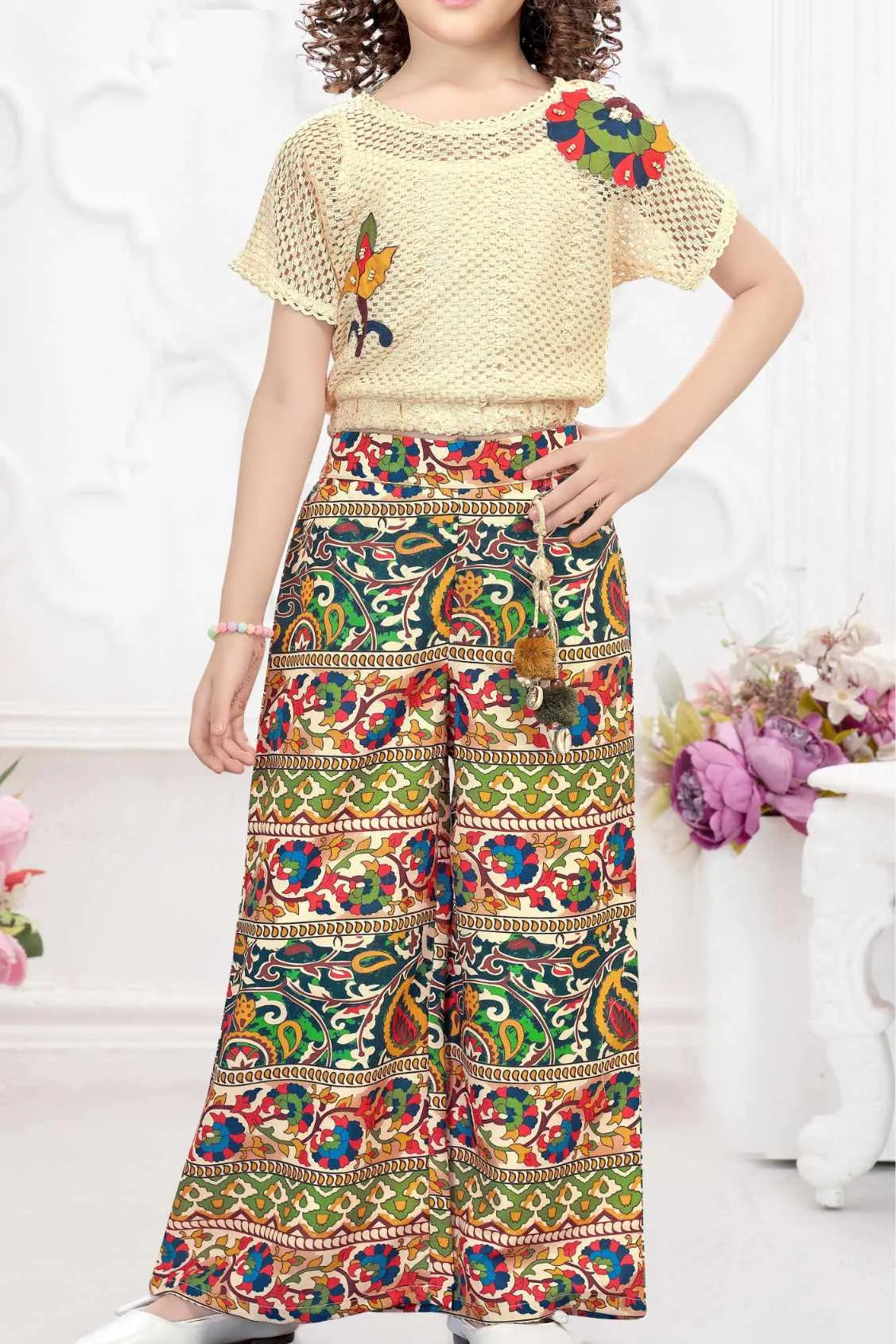 Cream Crochet Top With Multicolor Pants Set For Girls