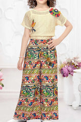 Cream Crochet Top With Multicolor Pants Set For Girls