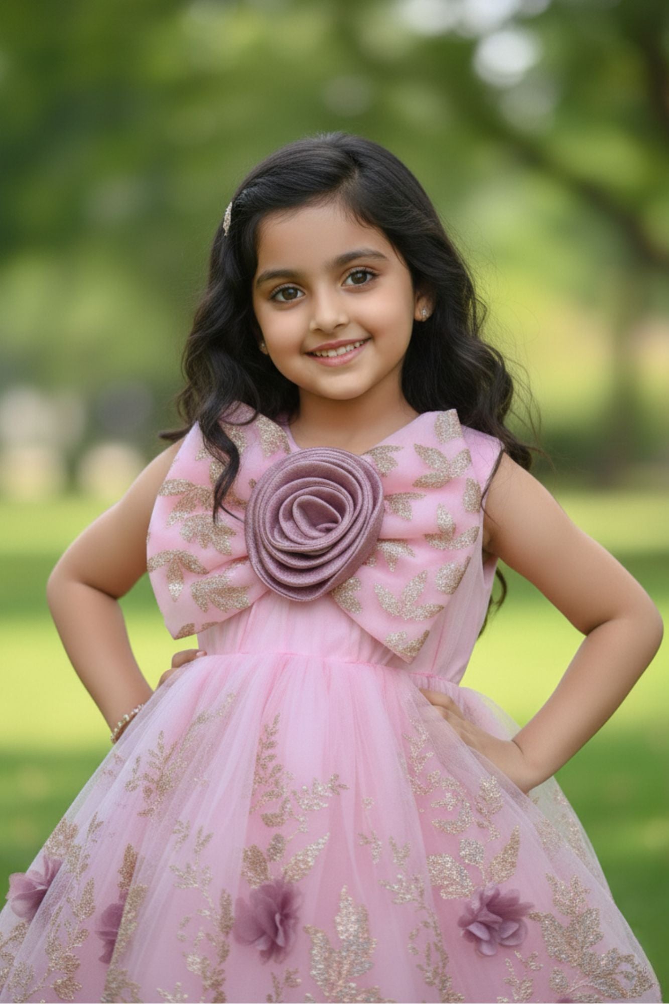 Blush Pink Glitter Party Frock with 3D Floral Bow For Girls