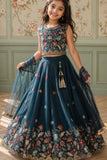 Deep Teal Blue Embroidered Lehenga Choli Set with Net Dupatta For Girls