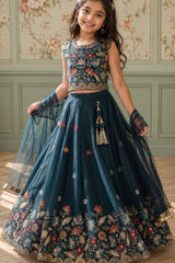 Deep Teal Blue Embroidered Lehenga Choli Set with Net Dupatta For Girls