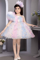 Multicolor Sequin Frock With Ruffled Asymmetric Sleeves For Girls