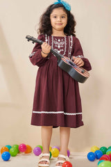 Maroon Casual Frock With Embroidery Work For Girls