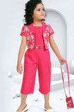 Rani Pink Top And 3/4th Shorts Set With Sequins Work Overcoat And Sling Bag For Girls