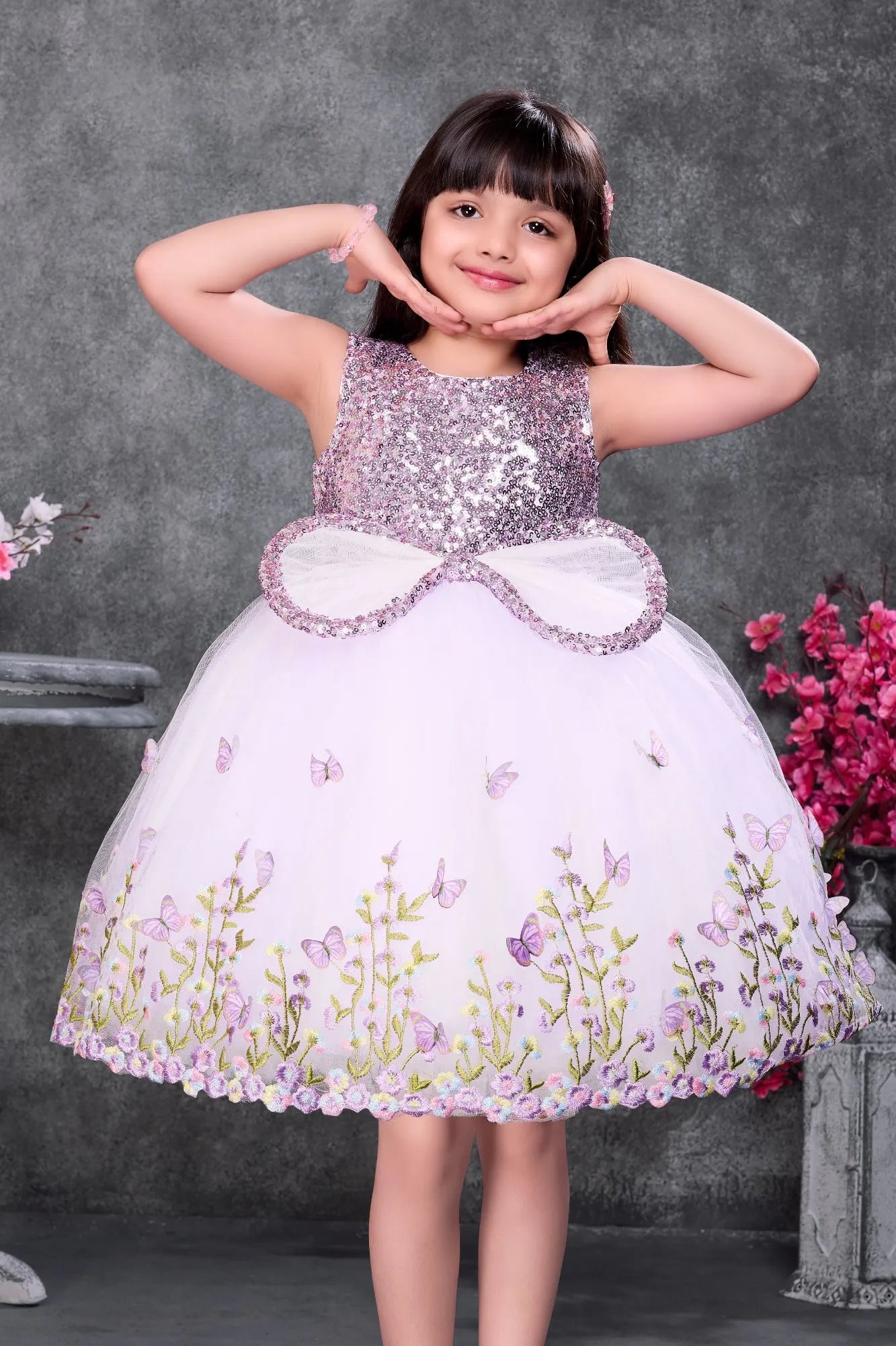 Lavender Sequin Bodice Party Wear Frock with Butterfly Print Skirt For Girls