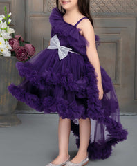 Violet Frock With Ruffled And Bow Embellishment For Girls