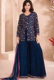 Navy Blue Palazzo Set with Multicolor Floral Embroidered Top And Dupatta for Girls