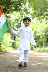White Kurta Pyjama Set with Subtle Self-Design Embroidery For Boys