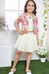 Cream Crop Top And Skirt Set With Floral Printed Overcoat For Girls