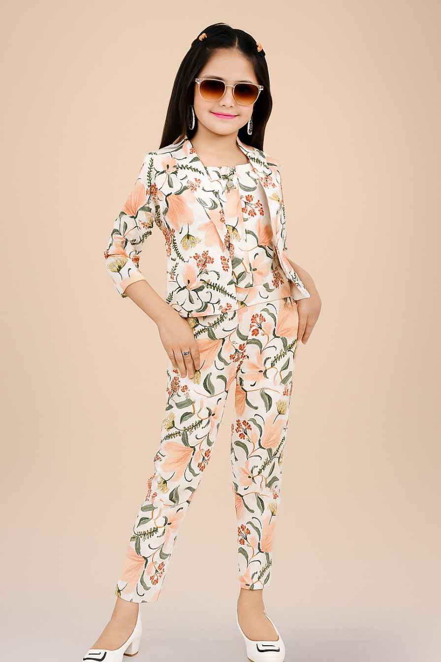Trendy Mint Green And Cream Floral Printed Co Ord Set With Overcoat For Girls