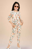 Trendy Mint Green And Cream Floral Printed Co Ord Set With Overcoat For Girls