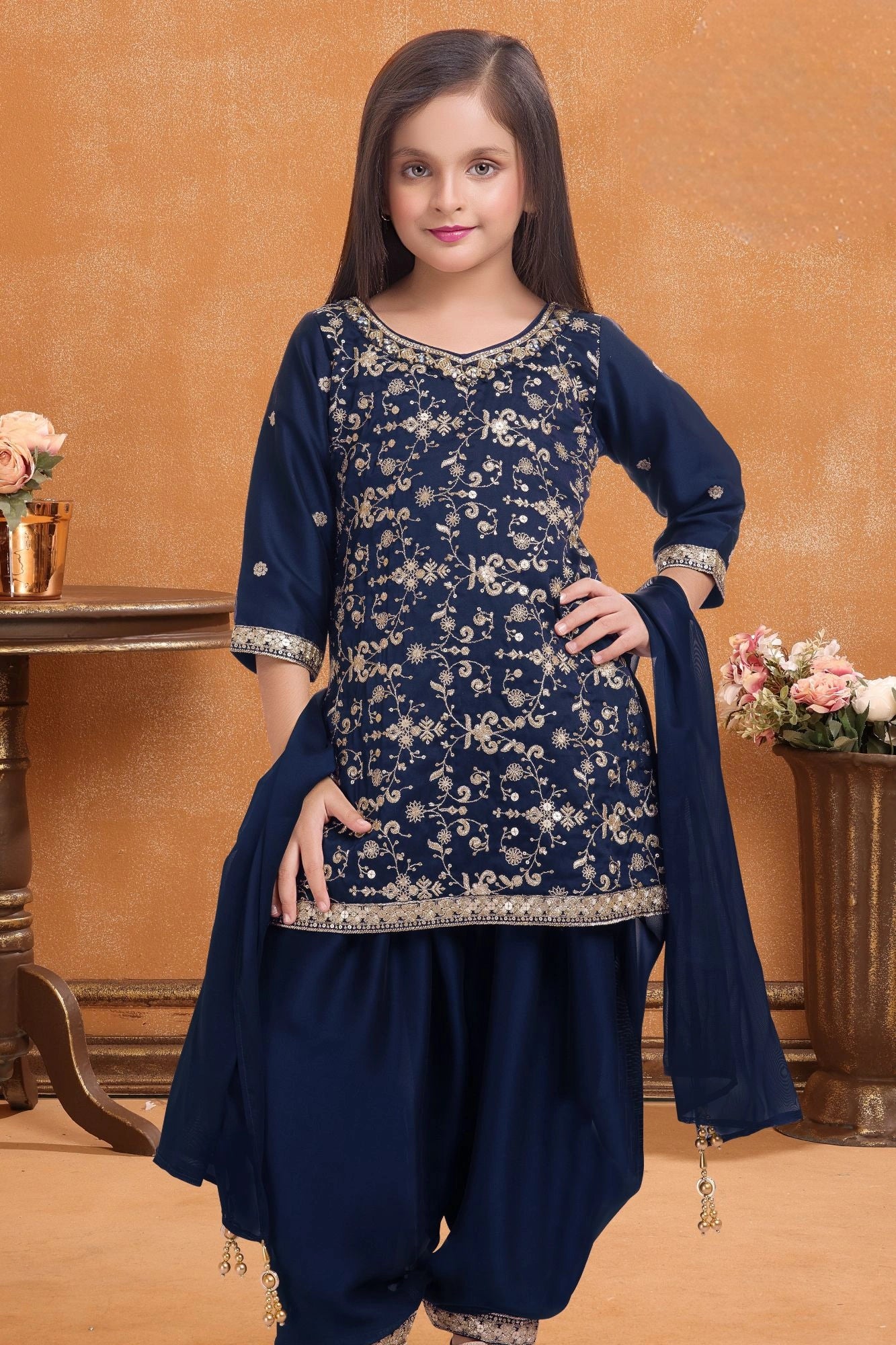 Navy Blue Embroidered Patiala Set For Girls