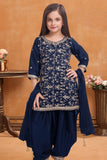 Navy Blue Embroidered Patiala Set For Girls