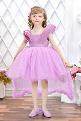 Designer Purple Sequin Partywear Net Tailback Frock For Girls