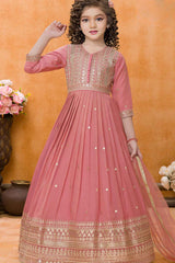 Peach Sequins Work And Zari Embroidered Ethnic Gown For Girls