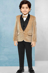 Classic Fawn Four Pc Suit With White Shirt And Bow Coat Set For Boys