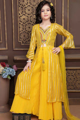 Designer Yellow Sequin Palazzo Set With Over Coat For Girls