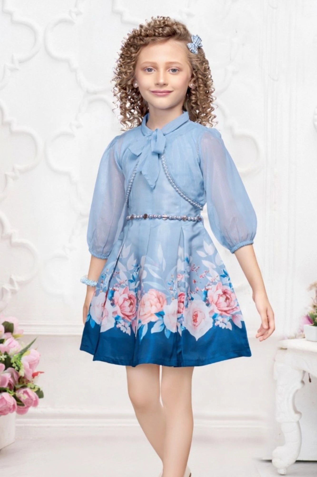 Blue Floral Fit & Flare Party Dress with Jacket For Girls