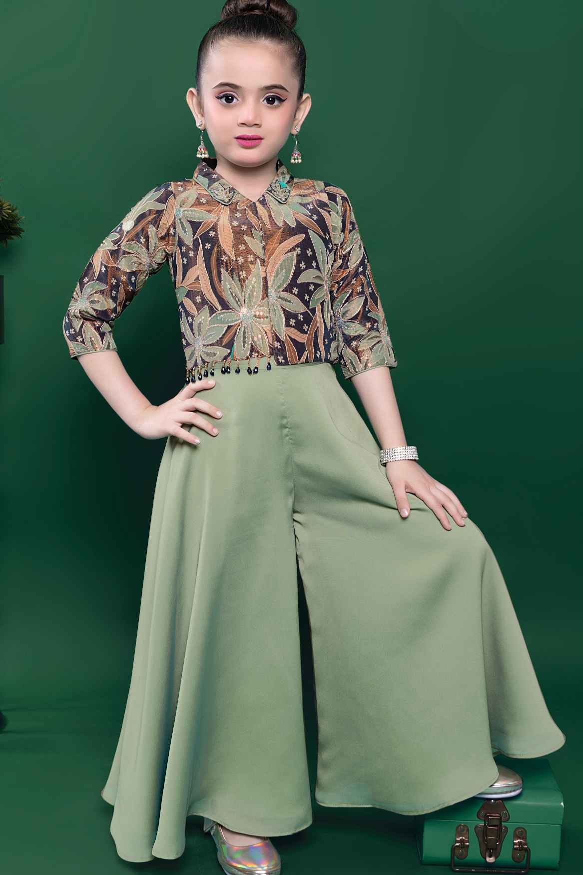 Elegant Green Sequins And Bead Work With Zari Embroidered Palazzo Set For Girls