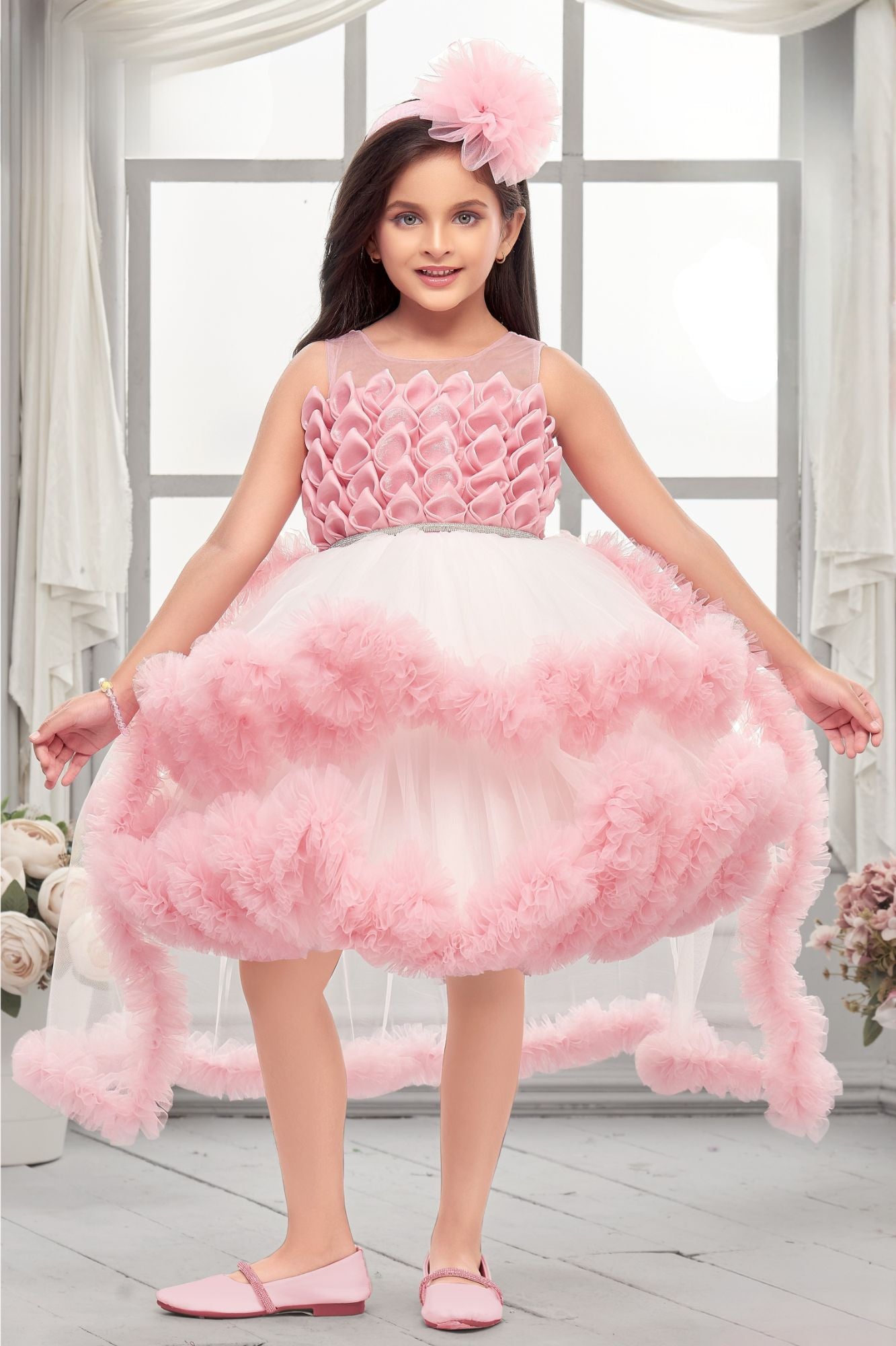 Peach High-Low Party Wear Tulle Frock with Ruffle Layers For Girls